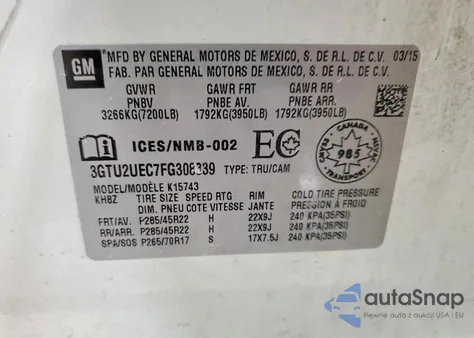 2015 GMC Sierra K1500 Sle из США, поврежденный, VIN 3GTU2UEC7FG308339